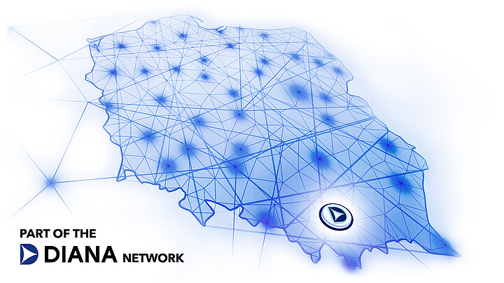 Infographic shows the location of the city of Krakow on the map of Poland. In the lower left corner there are text "PART OF THE DIANA NETWORK"